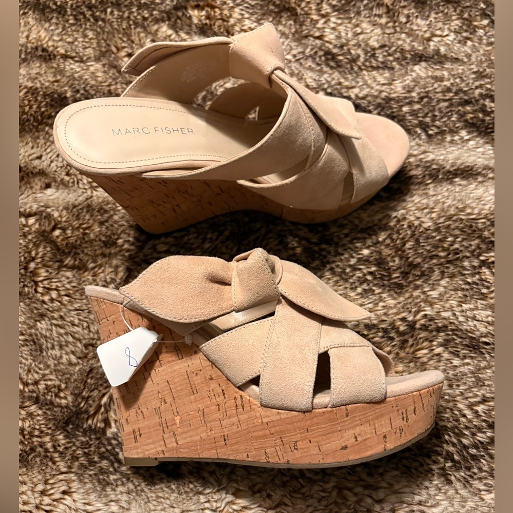 Marc Fisher Tan real Suede Cork Wedge Sandals with Knot Detail size 8
